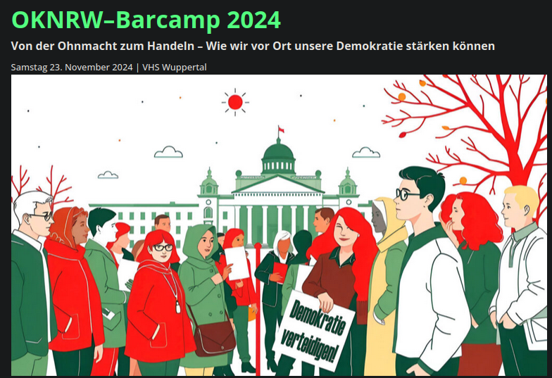 "OKNRW–Barcamp 2024
Von der Ohnmacht zum Handeln – Wie wir vor Ort unsere Demokratie stärken können
Samstag 23. November 2024 | VHS Wuppertal"

Bild: Demonstrierende vor dem Reichstag, eine Frau hält ein Plakat mit der Aufschrift "Demokratie verteidigen"