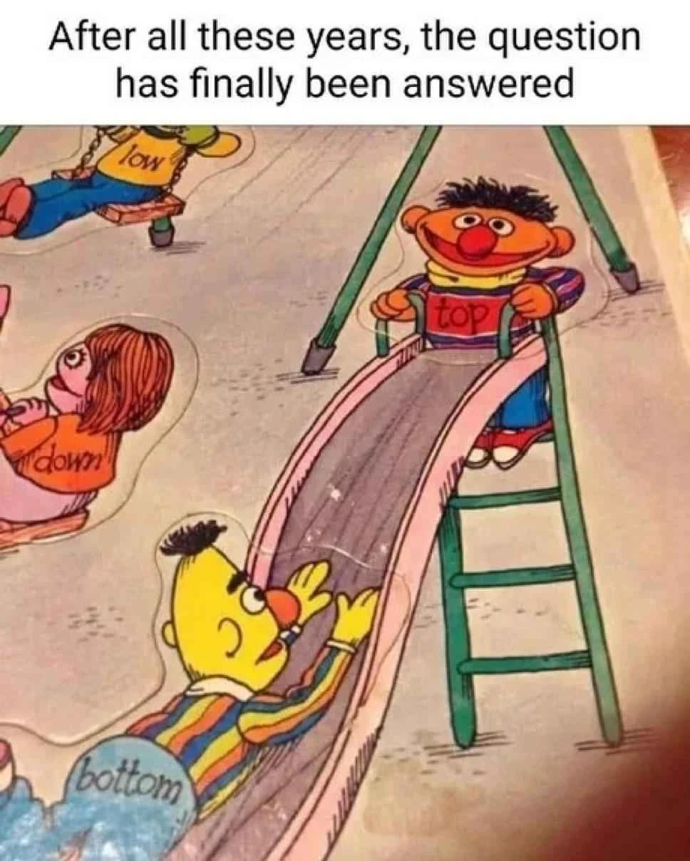 "After all these years, the question has finally been answered" Below this caption you see a picture og a childrens book where bert and ernie are on a slide together. On the top of the slide, and with a "top" label we see Ernie, and on the bottom of the slide with a "bottom" label on his bottom we see Bert