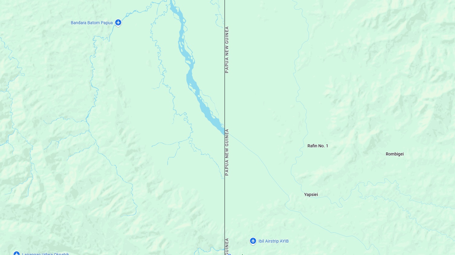 The river Sepik according to google maps, showing the shape of the river on the Indonesian side of the border only