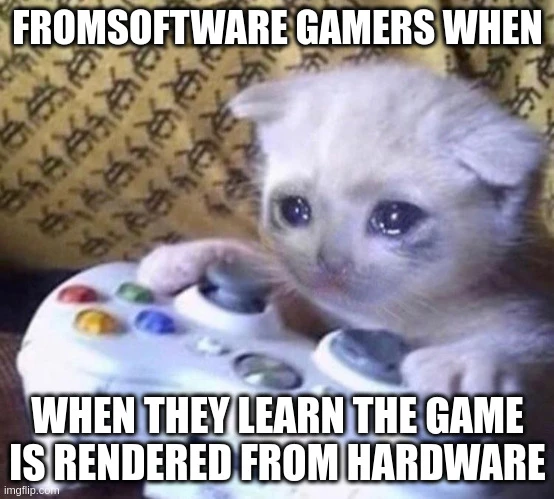 <image of cat crying while holding a game controller> fromsoftware gamers when. when they learn the game is rendered from hardware