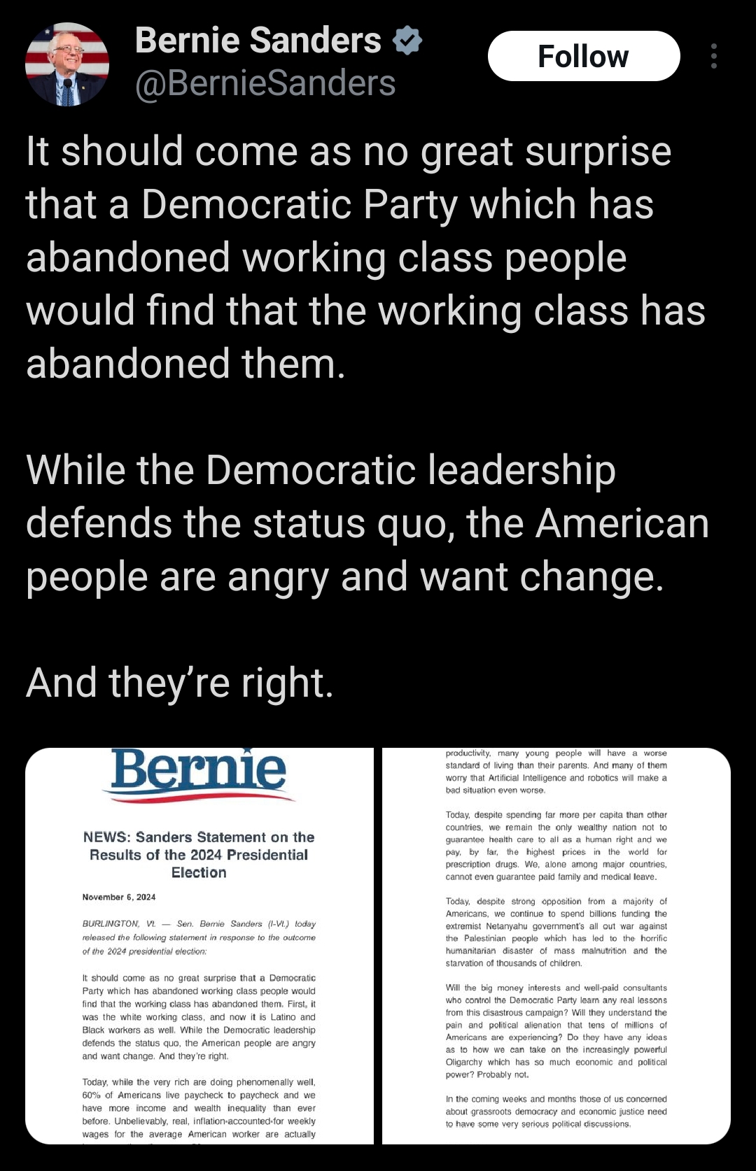 It should come as no great surprise that a Democratic Party which has abandoned working class people would find that the working class has abandoned them.

While the Democratic leadership defends the status quo, the American people are angry and want change.

And they’re right.